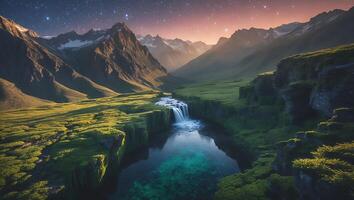 Cascading Waterfall Flowing Through Mountain Valley Under Starry Evening Sky photo
