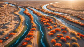 Flowing River Through Desert Landscape with Orange Shrubs at Sunrise photo