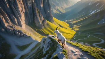 Goat Standing on Rocky Peak Overlooking Mountain Valley Landscape photo