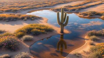Cactus Reflected in Desert Water at Sunset with Wildflowers Bloom photo