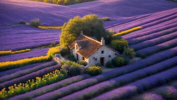 Stone Cottage Surrounded by Blooming Lavender and Sunflower Fields photo