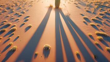 Cactus Casting Long Shadows Across Desert Sand at Sunset Hour photo