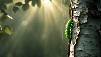 Caterpillar Climbing on Tree Bark with Sun Rays Streaming Through Leaves photo