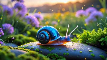 Snail Crawling on Stone Among Wildflowers in a Field During Sunset photo