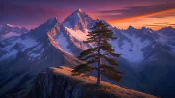 Lone Tree Stands Tall Against Majestic Snowy Mountains at Sunset photo