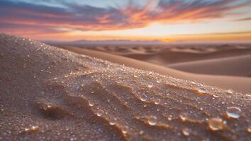 Sand Dune Water Droplets Reflecting Sunset Light in Desert Landscape photo