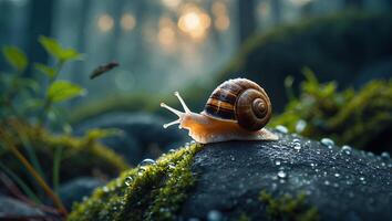 Snail Crawling on Wet Rock in Forest with Moss and Bokeh photo