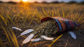 Herbal Blend Spilling From Colorful Bag with Feathers at Sunset photo