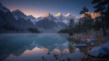 Serene Mountain Lake Reflection with Snowy Peaks at Dusk Scenery photo