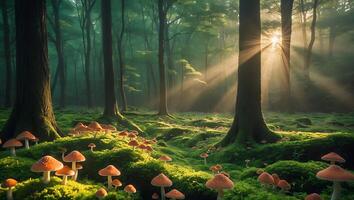 Mushroom Glade in Sunlit Forest with Mossy Ground and Tall Trees photo