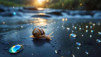 Snail Crawling on Wet Surface with Water Droplets at Sunset photo
