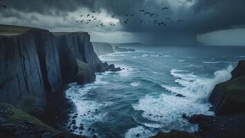 Dramatic Cliffs and Crashing Waves Under Moody Sky with Flying Birds photo