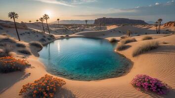 Desert Oasis with Turquoise Water Palm Trees and Sand Dunes photo