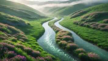 Serene River Flowing Through Green Hills with Wildflower Accents photo