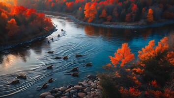 Group of Animals Swimming in River During Autumn with Colorful Trees photo
