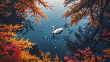 Swan Swimming on Autumn Lake Creates Circular Ripples in Water photo