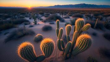 Cactus in Desert Landscape at Sunset with Mountains in Background photo