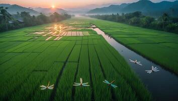 Lush Green Rice Paddy Fields with Dragonflies at Sunrise photo
