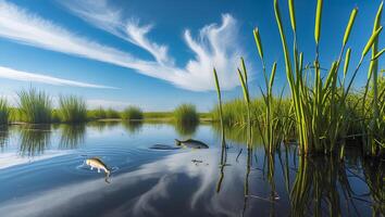 Fish Jumping in Pond Reflecting Cloudy Sky Surrounded by Greenery photo