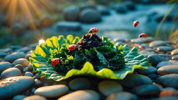 Ladybugs on Kale Leaf with Mound of Compost in Riverbed Setting photo