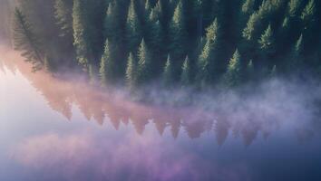 Mist Rising Over Lake Reflecting Pine Forest Aerial View photo