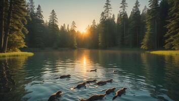 Beavers Swimming in Serene Lake at Sunset with Forest Background photo
