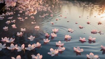 Floating Cherry Blossom Petals Create Ripples on a Serene Pond photo