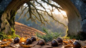 Acorns and Autumn Leaves in Forest with Sunlight and Stone Arch photo