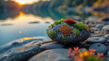 Rock Covered in Colorful Lichen on Pebble Beach at Sunset photo