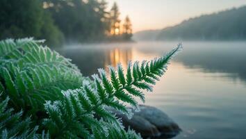 Frosty Fern by Lake at Sunrise with Mist and Trees photo