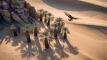 Eagle Flying Over Desert Oasis with Palm Trees and Rock Formation photo