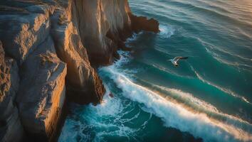 Bird Soaring Over Cliffside Ocean Waves During Golden Hour Light photo