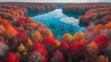 Deer Drinking in Lake Surrounded by Vibrant Autumn Trees From Above photo