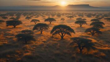Savanna at Sunrise Landscape with Trees and Golden Light Field photo