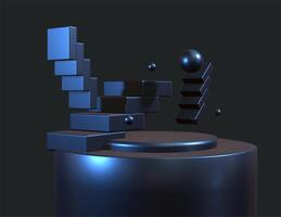 Abstract Blue Podium with 3D Elements and Floating Stairs photo