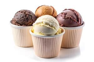 Delicious scoops of chocolate, vanilla, and caramel ice cream in paper cups. photo