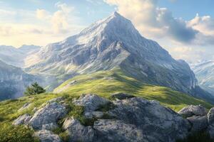 Majestic mountain peaks under a clear blue sky in the early morn photo