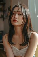 Portrait Of A Young Woman With Long Dark Hair In A Bright Room With Soft Natural Light photo