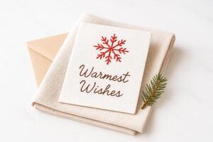DIY Christmas Card with Embroidery Red Snowflake on Linen Fabric photo