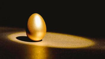 Golden egg illuminated by dramatic spotlight on dark background photo