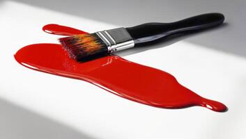 Paintbrush resting on spilled pool of glossy red paint, creating bold and artistic composition. Perfect for painting services, color design, DIY, creative projects, and renovation branding visuals photo