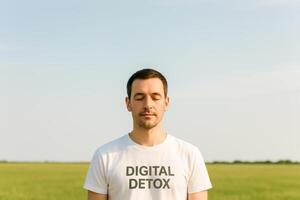 Man In Digital Detox T-Shirt Meditating Outdoors In Open Field. Visual Concept For Mindful Living, Tech-Life Balance, Mental Reset, Slow Lifestyle Movement, And Digital Wellbeing Trends photo
