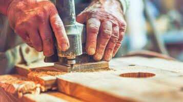 Weathered hands guide power tool over wooden surface, surrounded by sawdust in workshop setting. Concept of skill, precision and dedication of modern woodworking. Perfect for DIY, craftsmanship themes photo