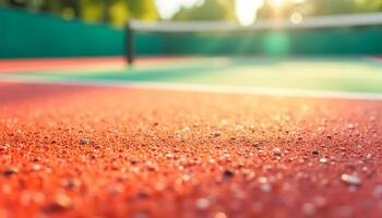 Blurred tennis court background with textured red surface and net photo