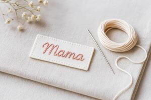 Embroidered Mama Patch With Needle And Thread On Linen Fabric photo