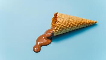 Empty waffle ice cream cone with melted chocolate ice cream photo