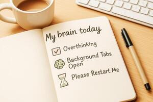 Notebook With My Brain Today Checklist On Desk With Coffee And Keyboard photo