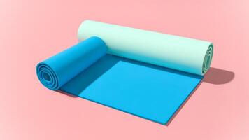 Two yoga mats in pastel blue and mint green, partially unrolled on soft pink background photo