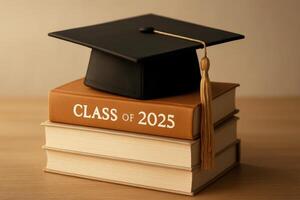 Class of 2025 with graduation cap and books on plain background. photo