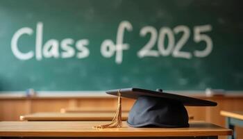 Graduation cap on a school desk with chalkboard in the background showing Class of 2025. photo